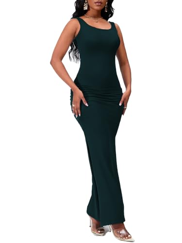 Image of Women's Casual Summer Sleeveless Tank Bodycon Long Dress Square Neck Split Beach Party Vacation Maxi Dress