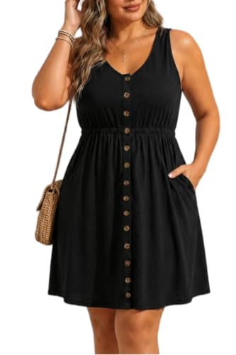 Image of Holipick Women's Plus Size Summer Dresses for Women Casual Dress with Pockets A-Line Swing Button Down Sleeveless V Neck
