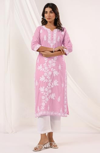 Image of Janasya Women's Pure Cotton Embroidered Straight Kurta