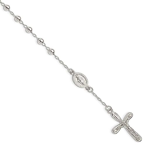 Precious Accents Sterling Silver Polished Beaded Single Decade Rosary 7.5 inch Bracelet