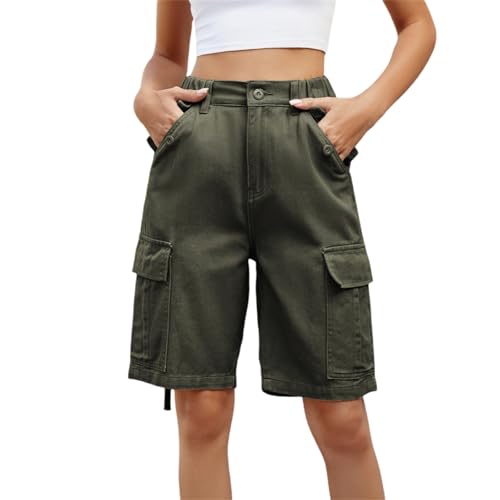 Bermuda cargo femme taille haute short long élastique multi-poches pour randonnée