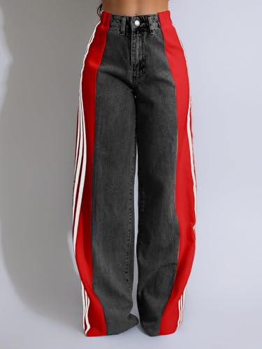 KANSOON Womens Jeans High Waisted Patchwork Side Stripes Color Block Stretchy Wide Leg Straight Trendy Denim Pants2