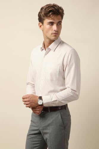 Image of Peter England Men's Regular Fit Full Sleeve Striped Formal Shirt | Cotton Rich | Wonder Fabric | Premium Dobby Weave