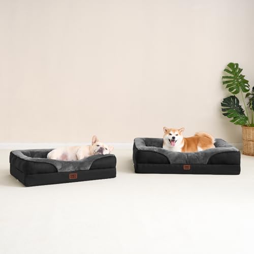 EHEYCIGA Orthopädisches Hundebett Mittelgroße Hunde, 91x68x17.5cm, Memory Foam Waschbar und Wasserdicht Hundekorb mit 4 Rändern, Hundesofa Hundecouch rutschfest, Grau/Schwarz