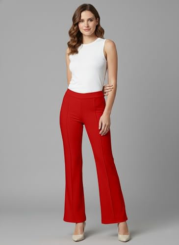 Image of Mehrang Cotton Blend Bootcut Parallel Trouser Pants for Women Regular Fit, Bellbottom Straight Pants for Womens
