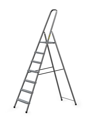 DRABEST - Stehleiter - mit 7 Stufen - bis 125 kg belastbar - 2 19 m lang - Arbeitshöhe 3 46 m - Trittleiter Bockleiter aus Stahl pulverbeschichtet - für Haushalt Malerarbeiten - Grau