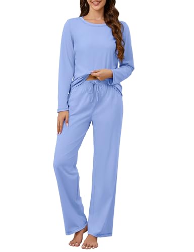Image of KCW Womens Pajamas Sets 100% Cotton 2 Piece Lounge Set Long Sleeve Tops and Pants Soft Pjs Sleepwear with Pockets