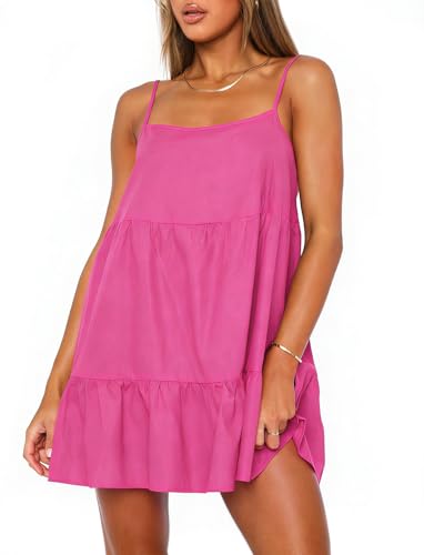 Image of OZICERD Flowy Short Sundress Mini Babydoll Dresses for Women Going Out Tiered Ruffle Beach Spaghetti Strap Swing Dress Cute