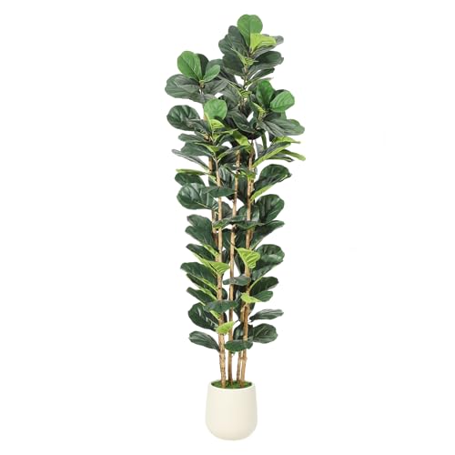7FT Artificial Fiddle Leaf Fig Tree - Faux Rubber Tree with White Pot - Tall Fake Floor Plant with 107 Leaves - Artificial Plant for Home Decor Indoor Office Living Room