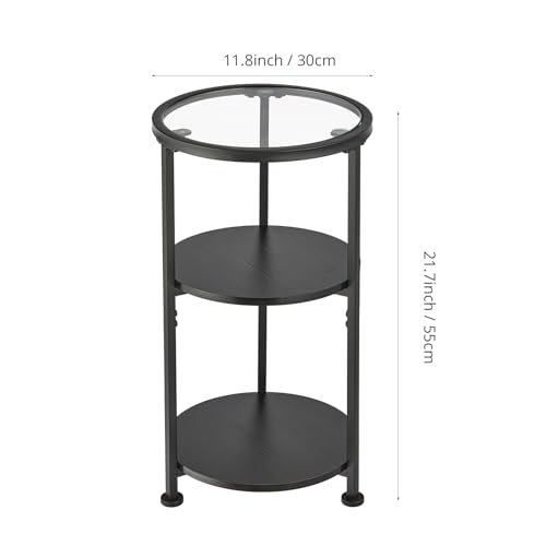 ZEXVIDA Glass Side Table, Tempered Glass Small Round Side Table with 3-Tier Storage Shelves for Small Spaces, Modern Glass Round End Table for Living Room, Bedside Table Nightstand for Bedroom (Black)