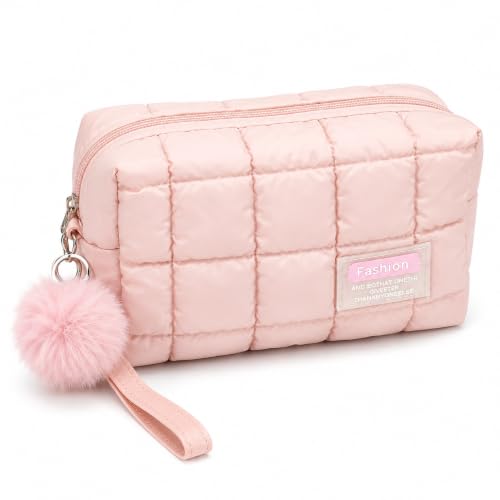 Necessaire Feminina Acolchoada com Pompom Organizador de Maquiagem, Cosméticos e Viagem