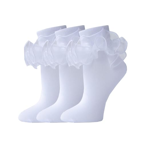 Princess Big Ruffle Dance Socks for Girls, Double Lace Turn Cuff, Size 8-10, 3 Pairs