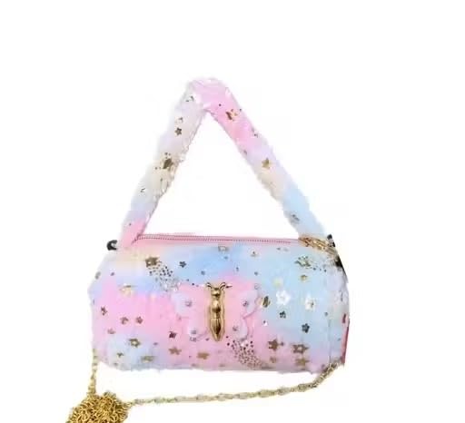 Cute Dholki Fur Bag for Baby Girls – Soft Fabric Mini Handbag with 1 Compartment