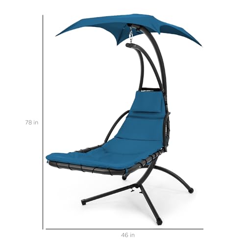 Best Choice Products Outdoor Hanging Curved Steel Chaise Lounge Chair Swing w/Built-in Pillow and Removable Canopy - Peacock Blue