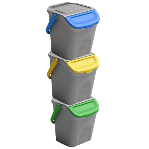 Tris Pattumiera secchio bidoni per la raccolta differenziata rifiuti 28 LT con manico e coperchio chiusura anti rantagismo casa esterno