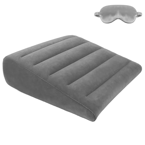 TheClover Inflatable Travel Wedge Pillow for Sleeping- Portable Bed Wedge with Eye Mask,Portable Neck & Back Support for Side Sleepers, Adjustable Air Cushion for Airplane, Car, Office (Grey)