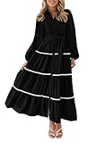 PRETTYGARDEN Womens Casual Dresses Loose Belted Long Lantern Sleeve Tiered Button Down Maxi Shirt Dress with Pockets (Black,Medium)