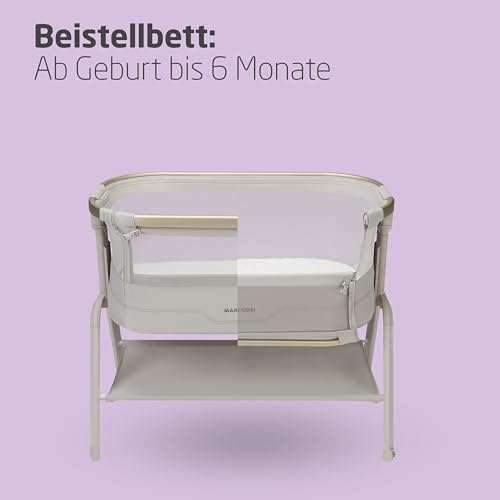 Maxi Cosi Iora² Baby Stubenbett, 0–6 kg (9 kg), Klappbares und Leichtes Beistellbett Baby, 5 cm CloudCore-Matratze, 5 Höhenstufen, 2 Leichtgängige Rollen, Easy Slide, Elegance Beige