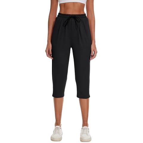 BATHRINS Women's Capri Pants Soft Drawstring Joggers Causal Pants with Pockets Black Cover