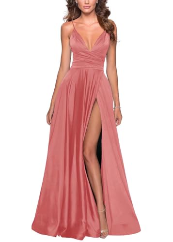 Image of Tvuyet Satin Bridesmaid Dresses with Slit Pleated A Line Spaghetti Straps Formal Prom Evening Gowns