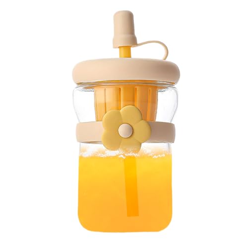 リユーザブル グラスボトル - 500ml ワイドマウス ガラスウォーターボトル | シリコンストロー付き 再利用可能ドリンクウェア - ホット コールド 飲料 茶 牛乳 ジュース 男女兼用