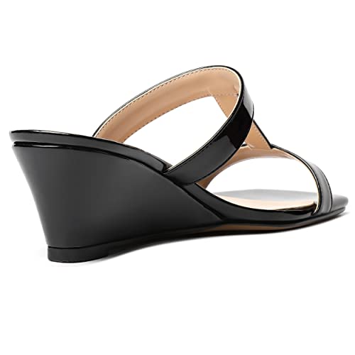Modencoco Women's Black Dating Dress T Strap 2 Inch Wedge Slip On Patent Low Heel Open Toe Comfortable Heeled Sandals Size 8 - Zapatos De Tacon Para Mujer #TOP4