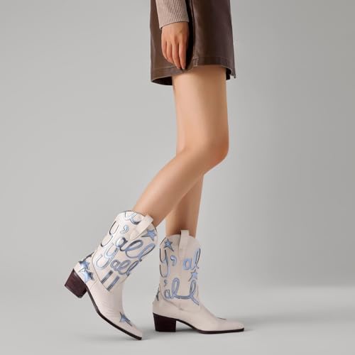 Image of Metallic Cowboy boots for Women Embroidered Mid Calf Womens Cowgirl Boots Western Pointed Toe Chunky Heel