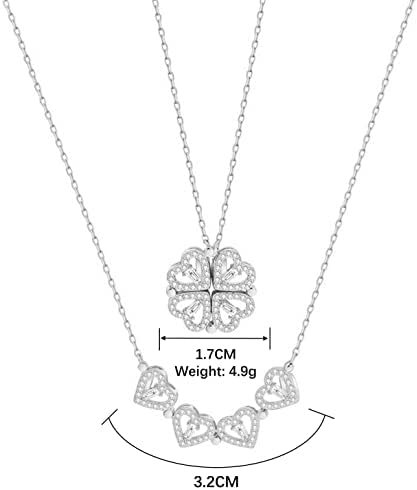ESTART Four Leaf Clover Necklace with Love Heart Flattened Folding Pendant for Women Mom Girl Her Girlfriend