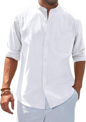 Image of siliteelon Men's Shirts White Grandad Collar Long Sleeve Linen Shirts Regular Fit Banded Collar Summer Beach Shirt with Pocket,XXL