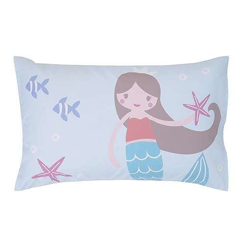 Image of Everything Kids Mermaid Pink and Blue Dream Big Little Mermaid 4 Piece Toddler Bed Set - Comforter, Fitted Bottom Sheet, Flat Top Sheet, and Reversible Pillowcase