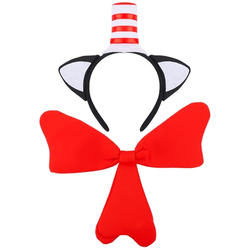 Aprince 2PCS Cat Hat in Red White Ear Headband with Bow Tie Costume Accessories Halloween Cosplay Party Decorations for Adults