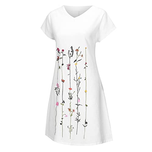 I-681 branco manga curta para jovens verão outono decote em V impressão floral de linho falso midi j