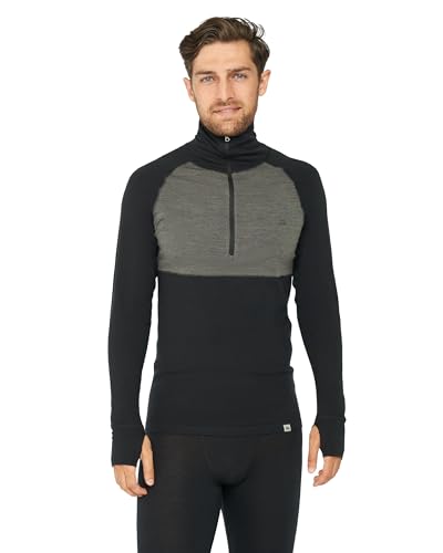 DANISH ENDURANCE Camiseta Térmica Manga Larga para Hombre, Capa Base Lana Merino, con o Sin Cremallera, Negro/Gris Oscuro, L