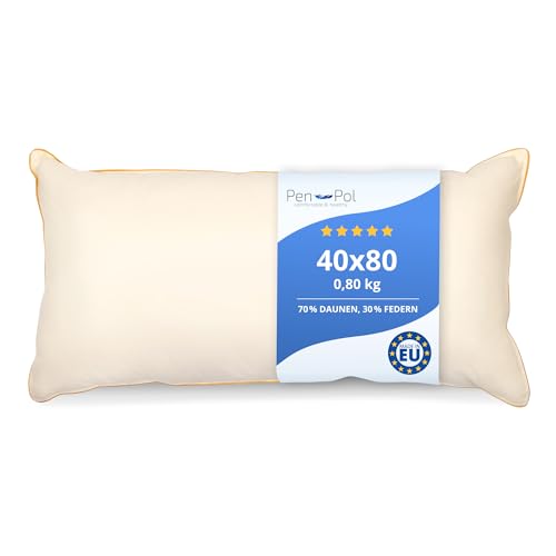 pen pol Daunenkissen 80x40 cm 800g Füllung – 70% Daunen 30% Federn – Kopfkissen zum Schlafen – Naturfüllung – Bettkissen 100% Baumwollbezug – Atmungsaktiv & Formstabil – Made in EU - Ecru