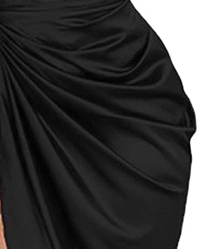 Image of xxxiticat Women's Ruched Midi Dress Sleeveless Spaghetti Straps One Shoulder Asymmetric High Split Slip Party Dress