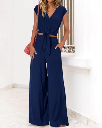 Image of PRETTYGARDEN Women's Summer 2 Piece Outfits 2026 Cap Sleeve V Neck Belted Crop Tops Wide Leg Pant Sets Casual Tracksuit
