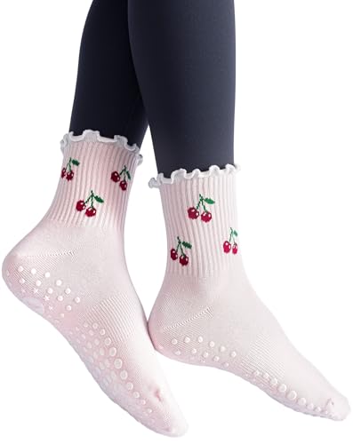 Yawlsow Pilates Grip Socks for Women Cute Ruffle Yoga Non Slip Grippy Socks Frilly Sticky Barre Workout Sock with Grippers