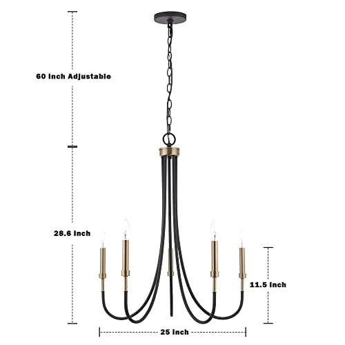Homebelife 5 Light Modern Chandelier Light Fixture, Black And Muted Gold Farmhouse Island Lighting For Kitchen Dining Room, Large Linear Pendant Light 25"X25"X28" #TOP6