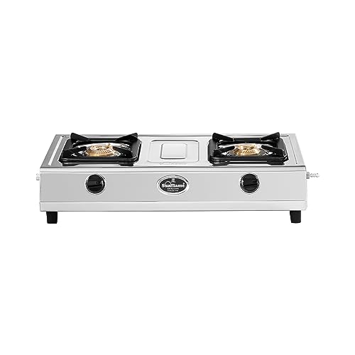 Sunflame Excel Cook 2 Burner Gas Stove | 1 Medium and 1 Small Brass Burners | Stainless Steel Body | 2-Years Product Coverage by Sunflame | Manual Ignition | PAN India Presence | Silver