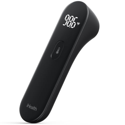 Image of iHealth No-Touch Forehead Thermometer, Digital Infrared Thermometer for Adults and Kids, Non-Contact Baby Thermometer, 3 Ultra-Sensitive Sensors, Large LED Digits, Quiet Vibration Feedback, Black