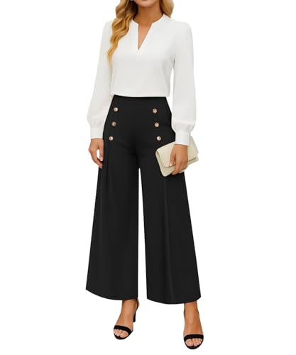 YSYOKOW Womens Elastic High Waisted Wide Leg Pants Loose Casual Long Palazzo Trousers with Button Decor and Pockets(Black, Large)