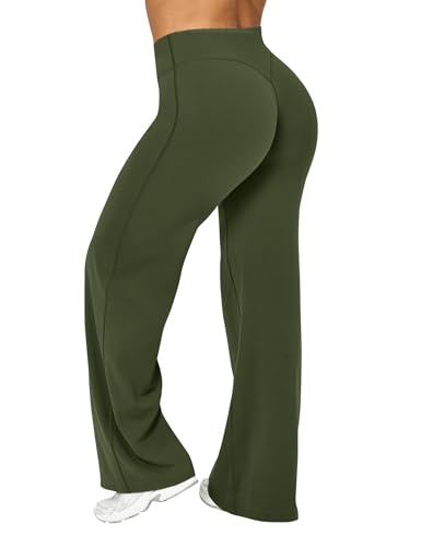 Ieumaz Women Straight Leggings Bottoms High Waist Gym Workout Leggings Stretch Casual Wide Leg Yoga Pants Green