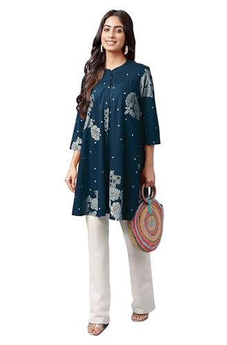 Image of Janasya Women's Pure Cotton Floral Printed Flared Tunic