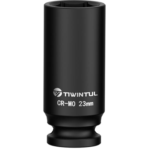 TIWINTUL 23mm Impact Socket 1/2 Inch Drive, Deep CR-MO Steel Impact Socket, 3.07" Length, 6 Point Design, Metric Size Socket for Automotive and Mechanical Equipment Maintenance