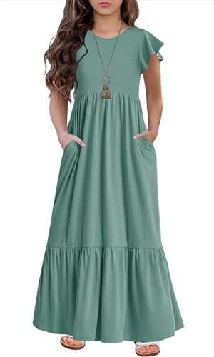 Hosika Girl Flowy Dress Boho Short Sleeve Pleated Waist Casual Swing Dresses With Pockets For Girls 6-12 Years Sage cover