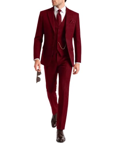 Herringbone Tweed Men Suit 3 Piece Wool Blend Prom Tux for Men Burgundy M