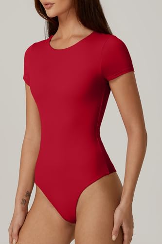 Image of QINSEN Women's Crew Neck Short Sleeve Bodysuit Double Lined Body Suits Basic T-shirt Tops