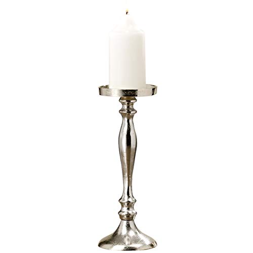 Grand Hotel Silver Decorative Tall Candle Holder, Artisinal Design, Hand Cast And Polished Silver Aluminum, Reflective Textural, 12 1/4 Inches Tall #TOP25