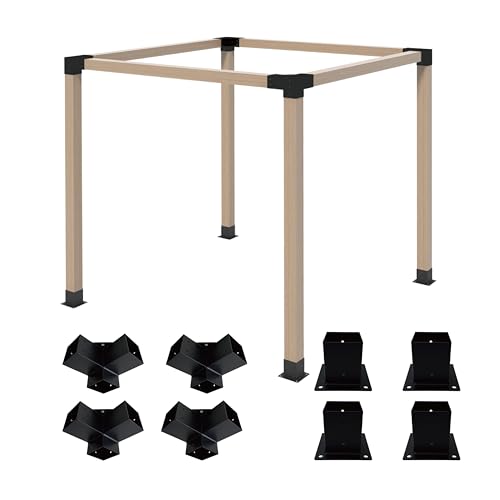 Pergola-Halterungs-Set, 4 x 4, 3-Wege-Eckwinkel und 4 Sockel, robuste Eckhalterung, DIY-Schuppen-Set, für Pavillon, Pergolen, Holzständerschuppen, Metall-Pavillon-Kits, mit Schrauben