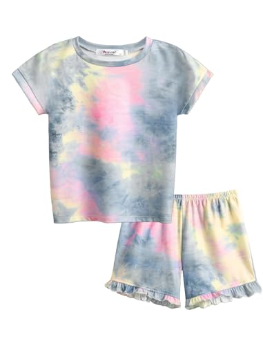 Arshiner Tie Dye Pink Cute Pajamas for Girls 2-Piece Soft Short Sleeve Top & Short Set
